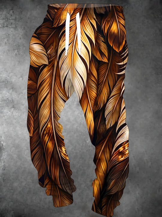 Adaychic Men's Patterned Golden Brown Feather Texture Print Pants