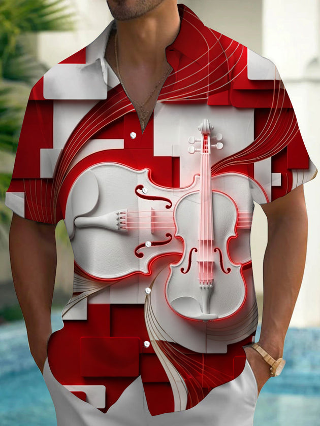 Adaychic Men's 3D 3D Violin And Geometric Blocks Print Short Sleeve Shirt with Chest Pocket
