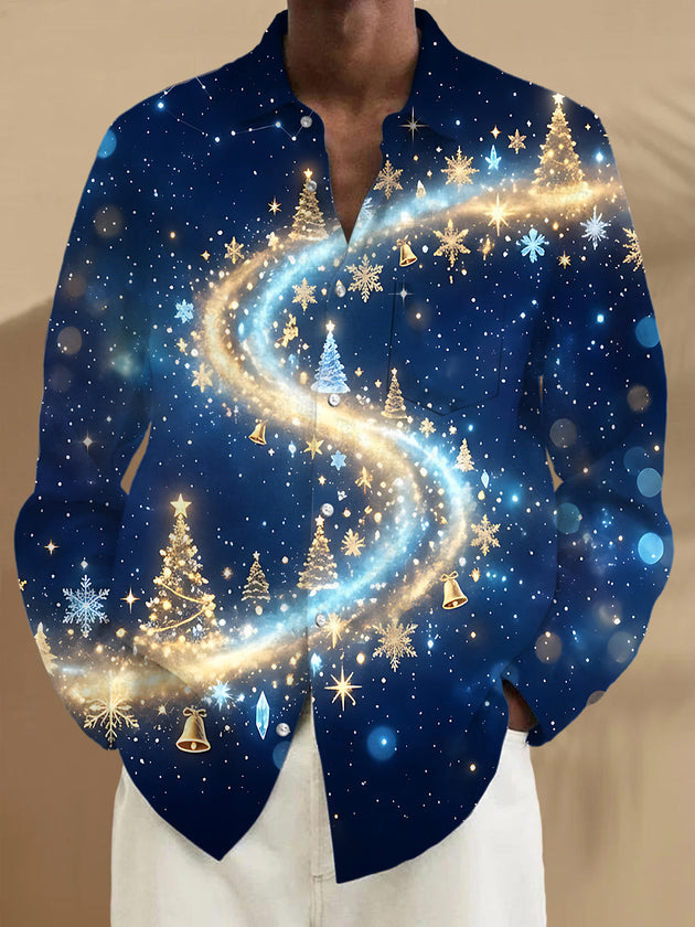 Adaychic Men's Long Sleeve Shirt - Abstract Spiral Galaxy With Christmas Trees And Snowflakes Print with Chest Pocket