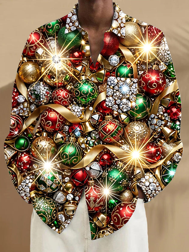Adaychic Men's Printed Christmas Ornaments And Jewels Print Long Sleeve Shirt with Chest Pocket