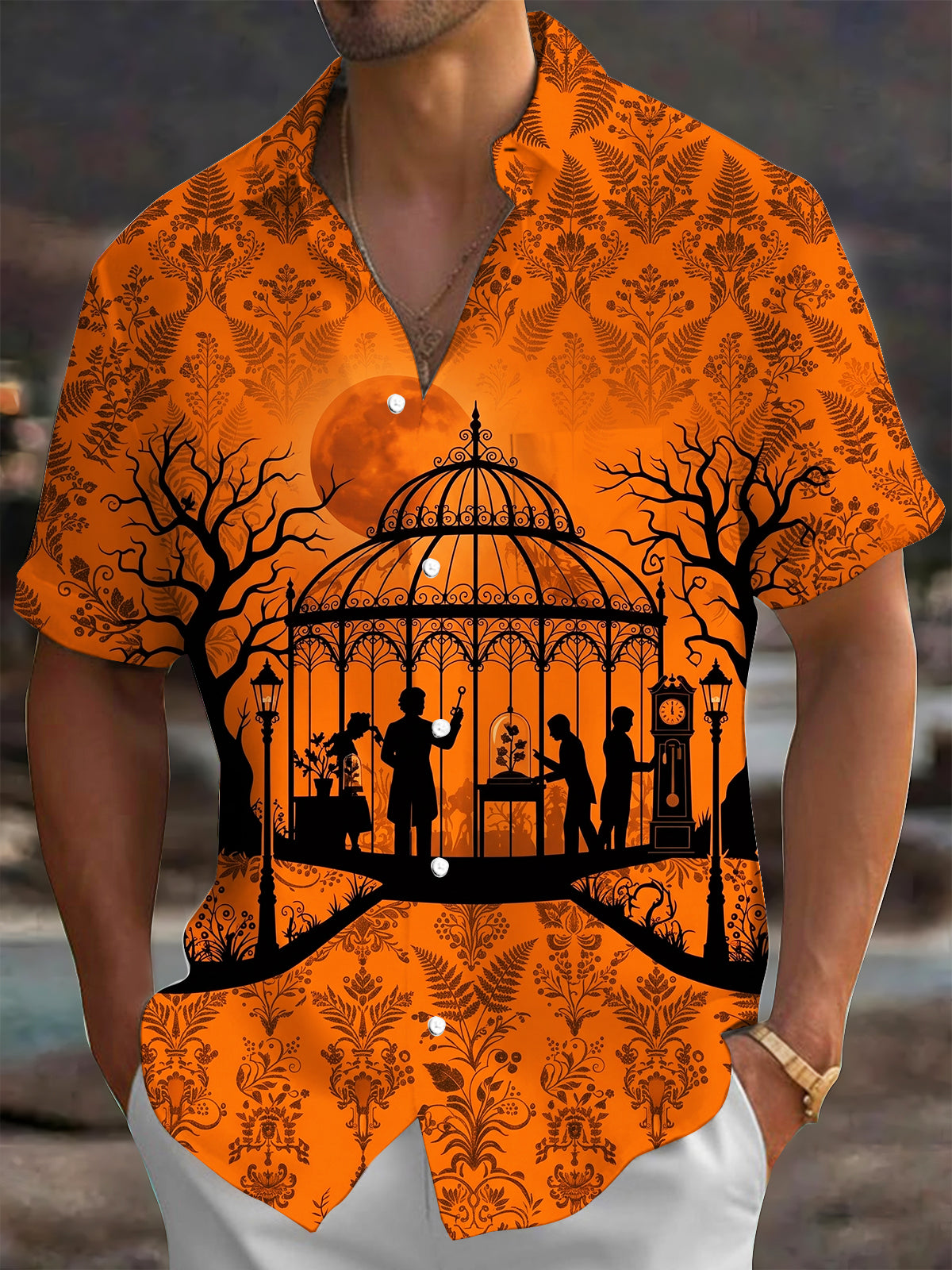 Adaychic Men's Short Sleeve Shirt - Halloween Greenhouse Silhouette With Dead Trees And Blood Moon Print with Chest Pocket