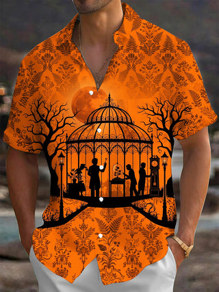 Adaychic Men's Short Sleeve Shirt - Halloween Greenhouse Silhouette With Dead Trees And Blood Moon Print with Chest Pocket