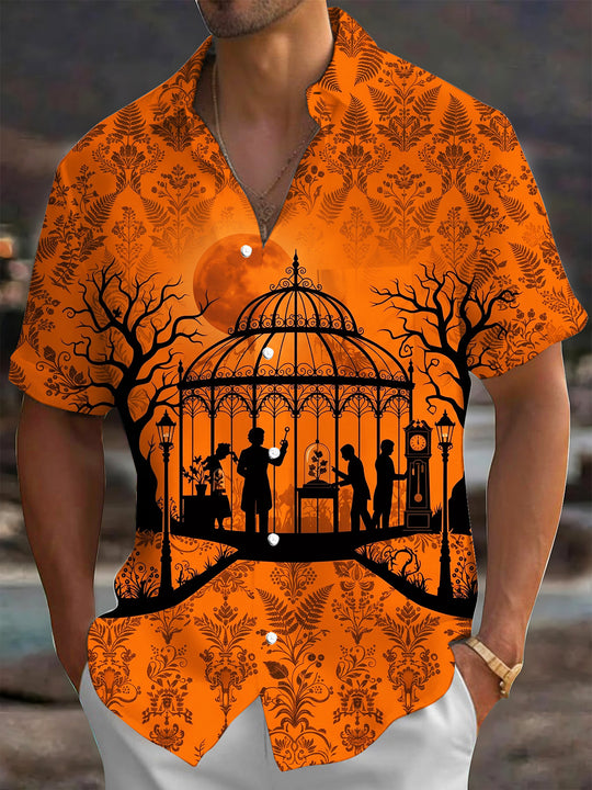 Adaychic Men's Short Sleeve Shirt - Halloween Greenhouse Silhouette With Dead Trees And Blood Moon Print with Chest Pocket