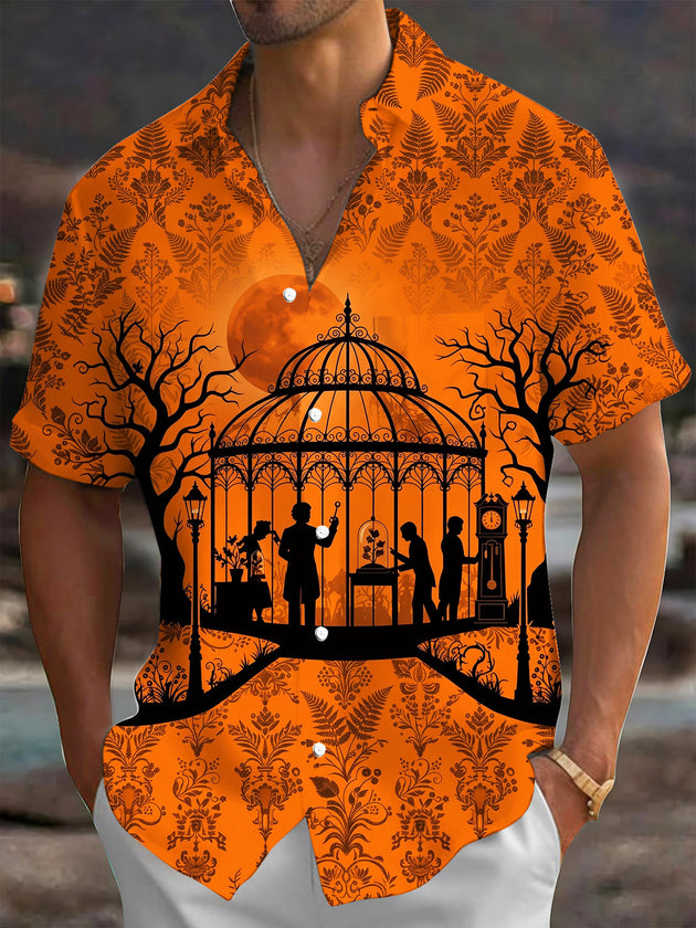 Adaychic Men's Short Sleeve Shirt - Halloween Greenhouse Silhouette With Dead Trees And Blood Moon Print with Chest Pocket