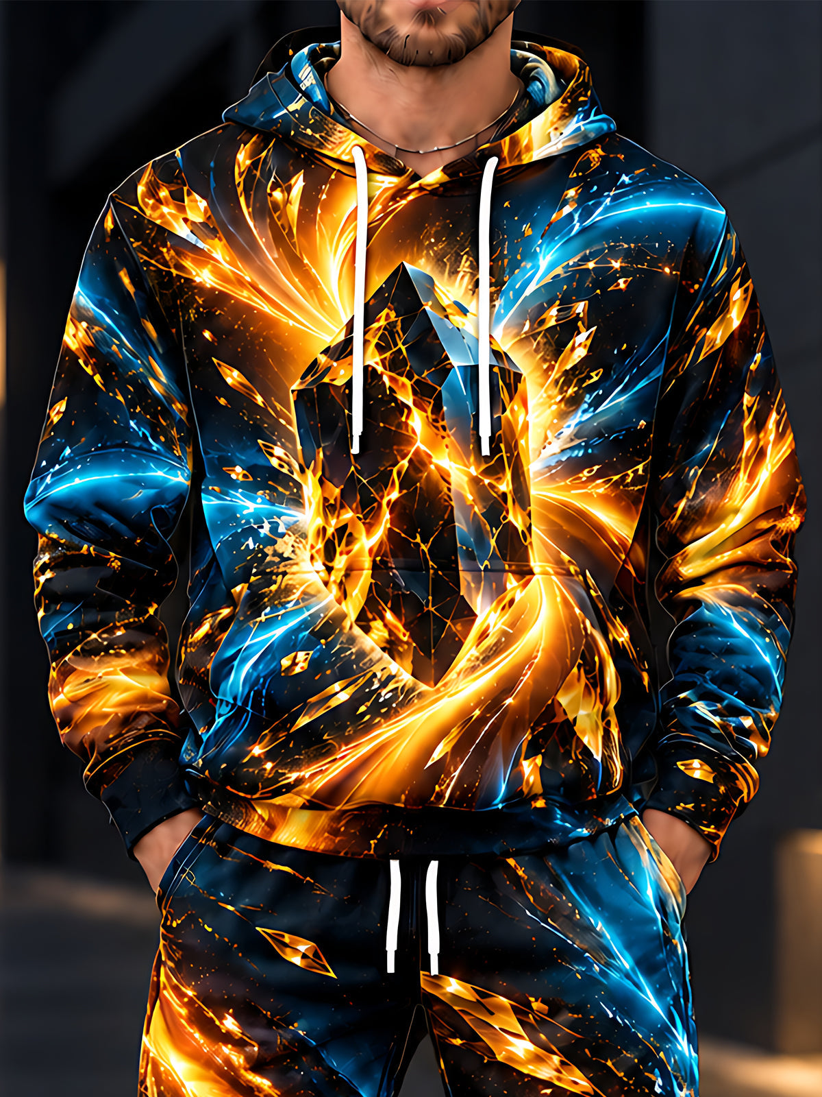 Adaychic Men's Abstract Geometric Crystal And Fire Print Long Sleeve Hoodie