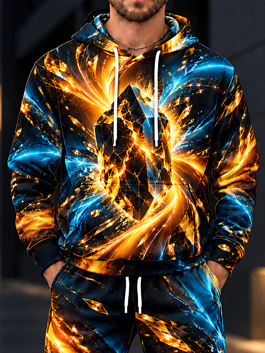 Adaychic Men's Abstract Geometric Crystal And Fire Print Long Sleeve Hoodie