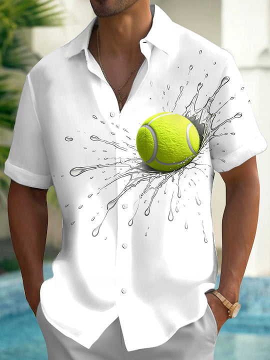 Adaychic Men's Graphic Tennis Ball With Water Splash Print Short Sleeve Shirt with Chest Pocket
