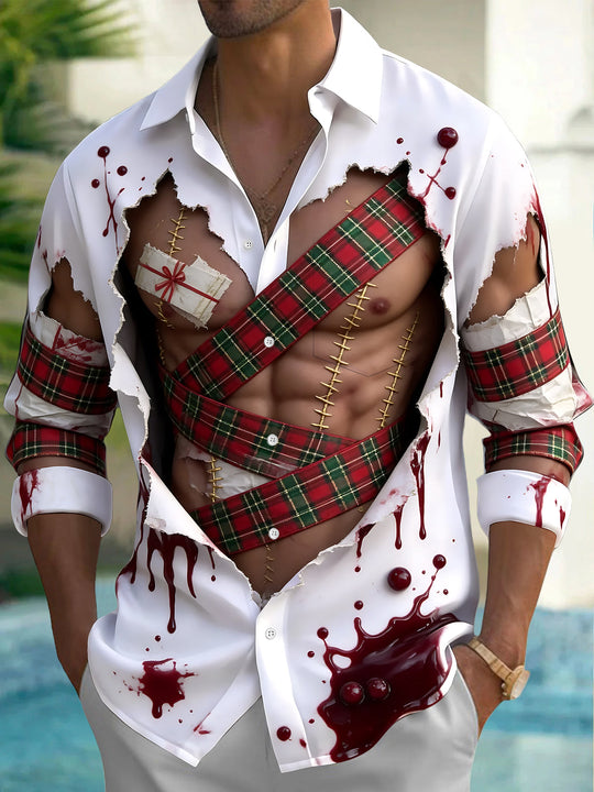 Adaychic Men's Long Sleeve Shirt - Christmas Torn Shirt With Blood Splatter And Plaid Pattern with Chest Pocket