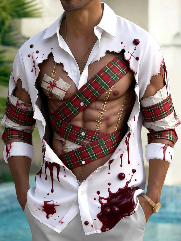 Adaychic Men's Long Sleeve Shirt - Christmas Torn Shirt With Blood Splatter And Plaid Pattern with Chest Pocket