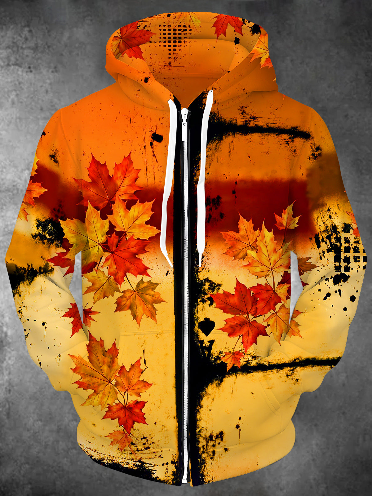 Adaychic Men's Graphic Maple Leaves Print Long Sleeve Zip-Up Hoodie with Kangaroo Pocket