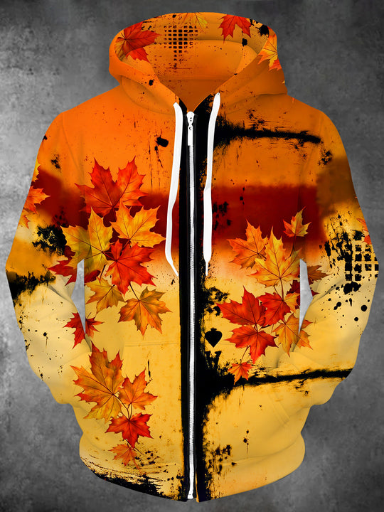 Adaychic Men's Graphic Maple Leaves Print Long Sleeve Zip-Up Hoodie with Kangaroo Pocket