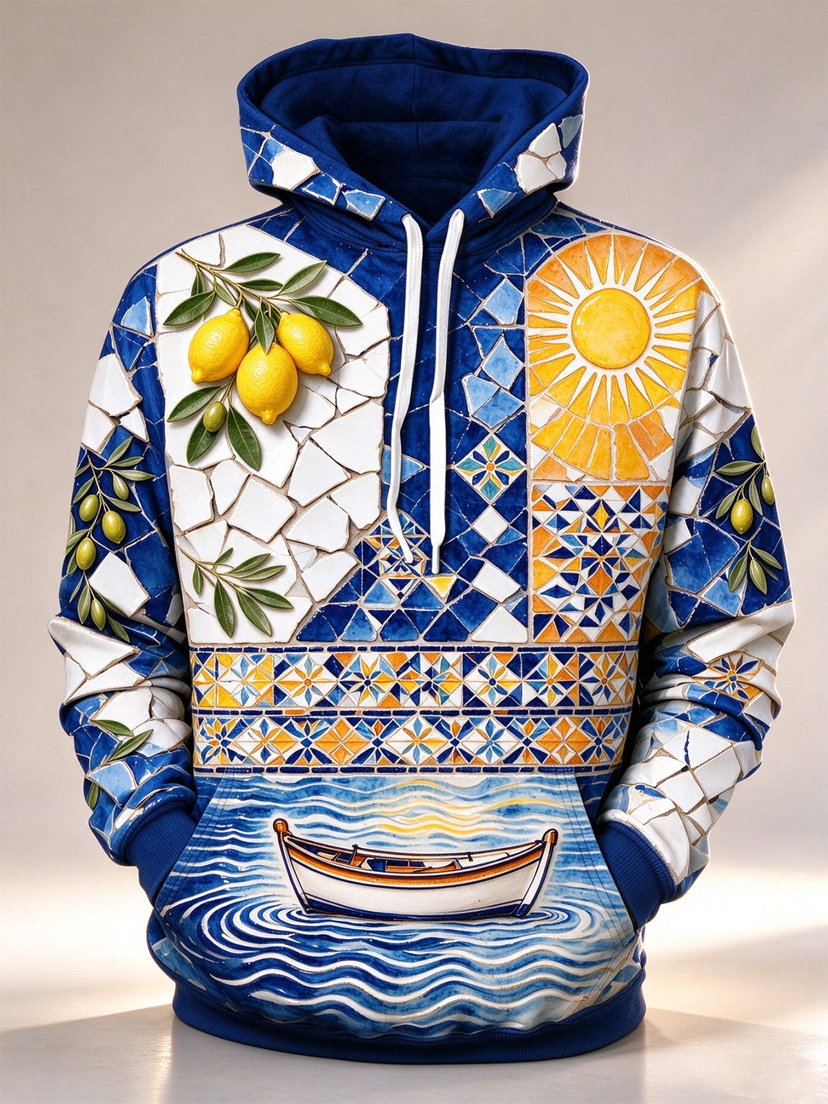Adaychic Men's Long Sleeve Hoodie - Mediterranean Tile Pattern With Lemons And Boat
