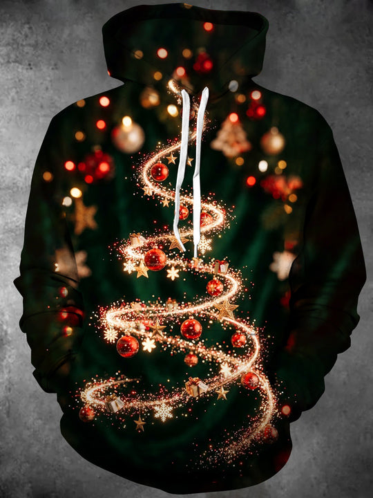 Adaychic Men's Long Sleeve Hoodie - Spiral Christmas Tree With Ornaments And Stars Print