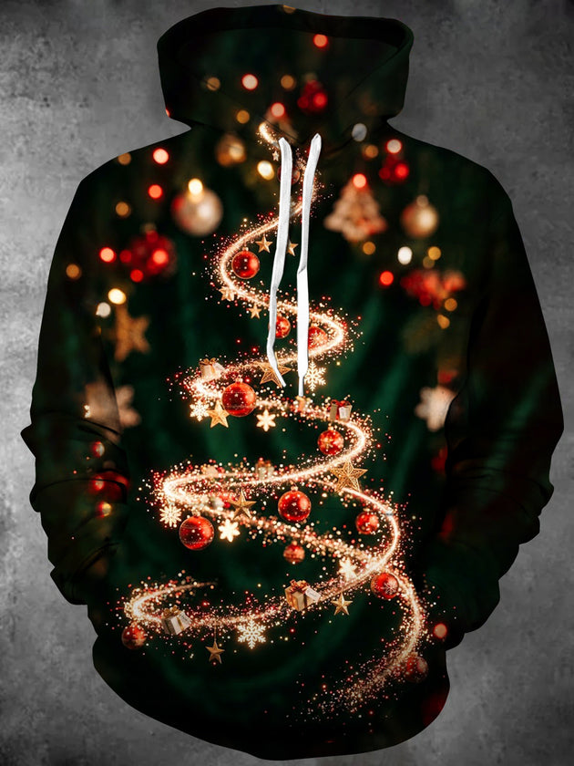 Adaychic Men's Long Sleeve Hoodie - Spiral Christmas Tree With Ornaments And Stars Print