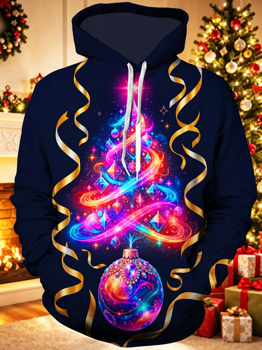 Adaychic Men's Graphic Neon Christmas Tree Bauble Print Long Sleeve Hoodie