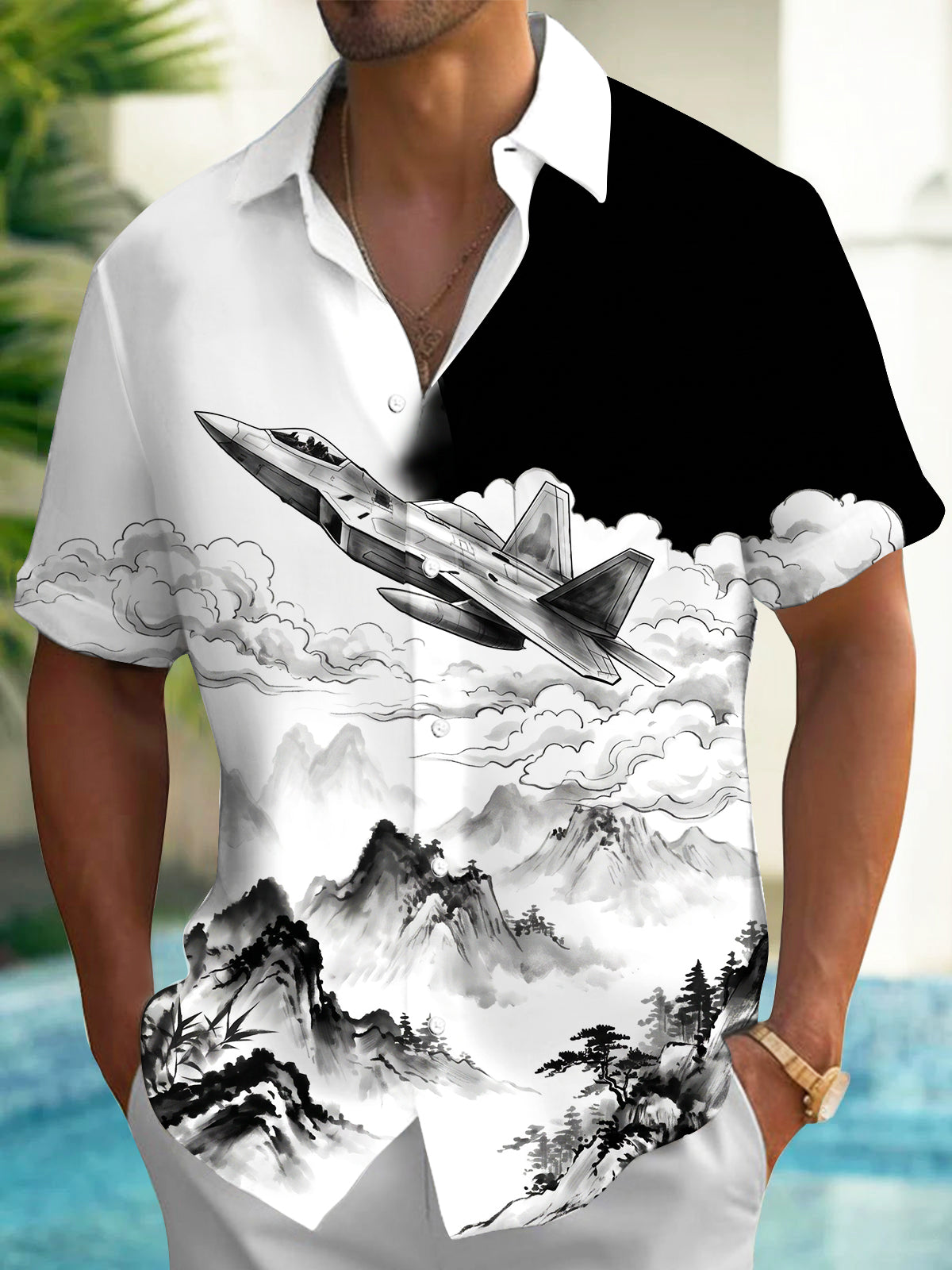 Adaychic Men's Fighter Jet And Ink Wash Landscape Print Short Sleeve Shirt with Chest Pocket