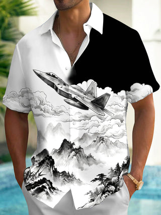 Adaychic Men's Fighter Jet And Ink Wash Landscape Print Short Sleeve Shirt with Chest Pocket