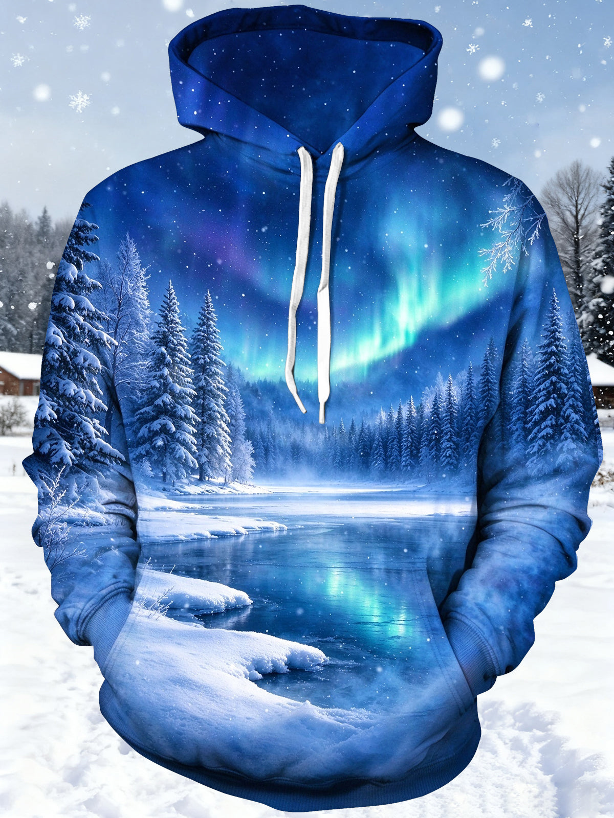 Adaychic Men's Long Sleeve Hoodie - Winter Landscape With Aurora Borealis And Snowy Pine Trees Print