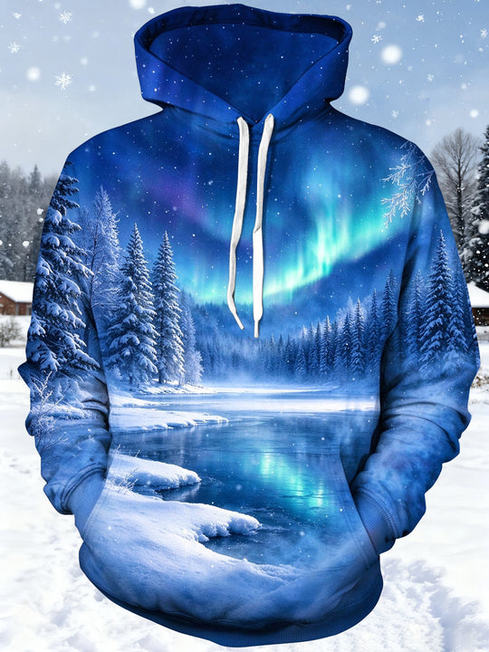 Adaychic Men's Long Sleeve Hoodie - Winter Landscape With Aurora Borealis And Snowy Pine Trees Print