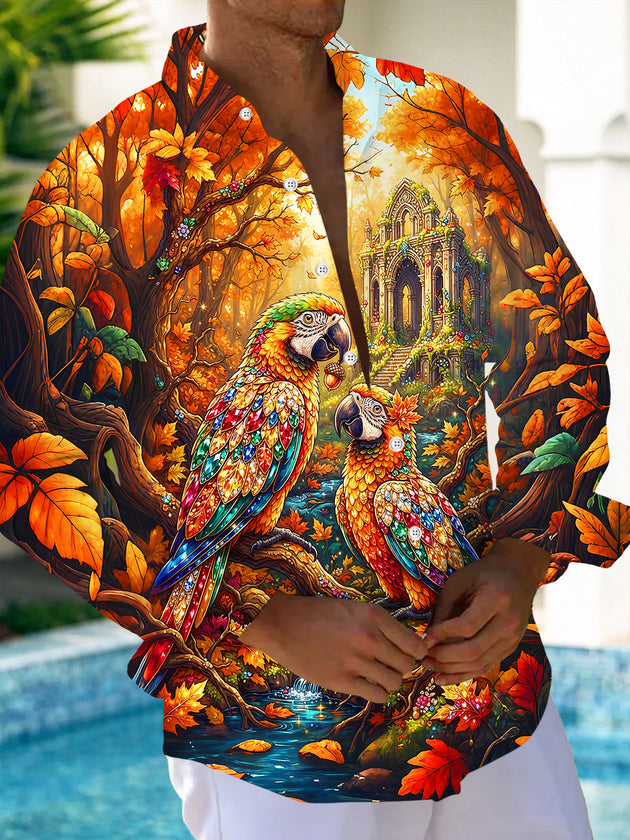 Adaychic Men's Graphic Parrots In Autumn Forest Print Long Sleeve Shirt with Chest Pocket