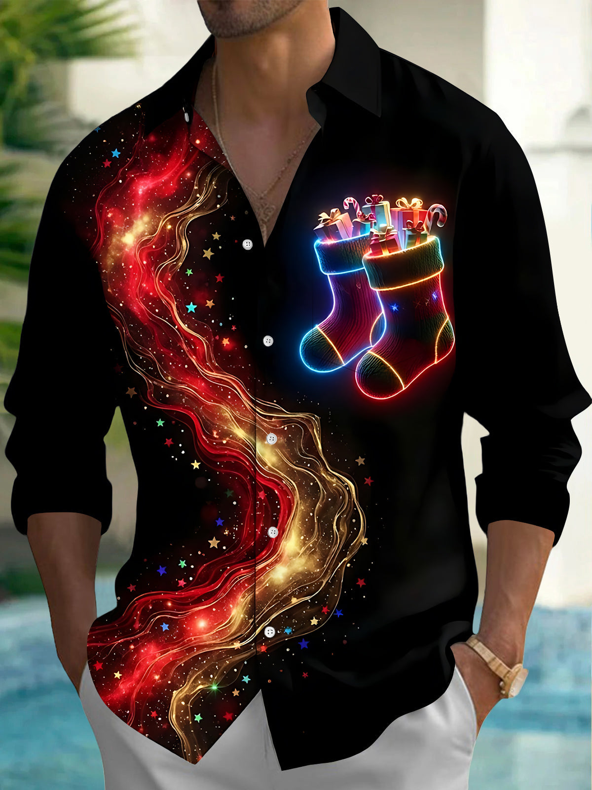Adaychic Men's Long Sleeve Shirt - Neon Christmas Stockings With Gifts And Candy Canes Print with Chest Pocket