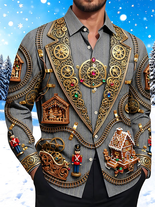 Adaychic Men's Graphic Christmas Gingerbread House Print Long Sleeve Shirt with Chest Pocket