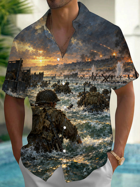 Adaychic Men's World War II Beach Landing Scene Print Short Sleeve Shirt with Chest Pocket