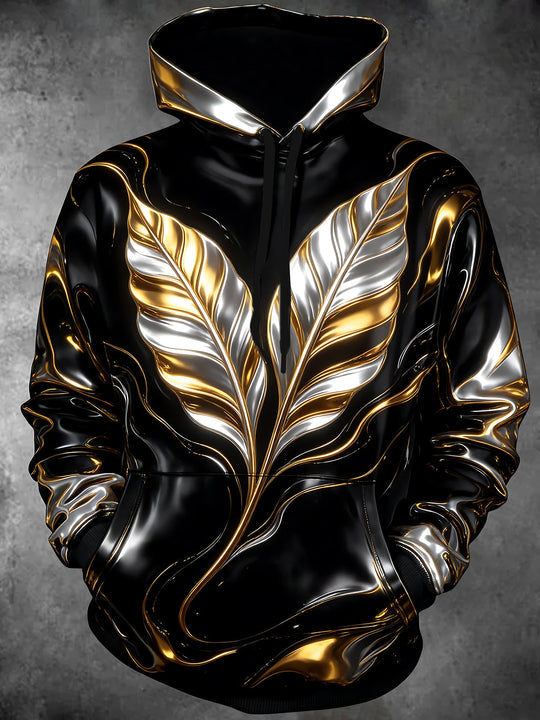 Adaychic Men's 3D Metallic Gold And Silver Feathers Print Long Sleeve Hoodie