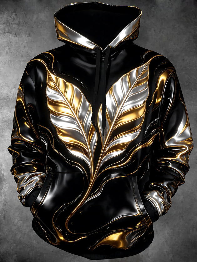 Adaychic Men's 3D Metallic Gold And Silver Feathers Print Long Sleeve Hoodie