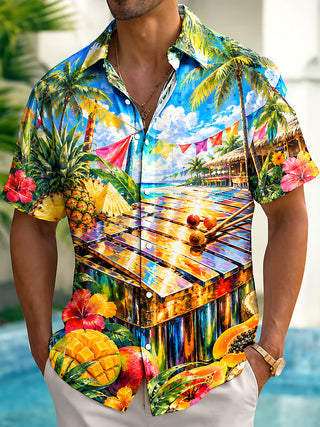 Adaychic Men's Short Sleeve Shirt - Tropical Beach Scene With Xylophone And Fruit Print with Chest Pocket