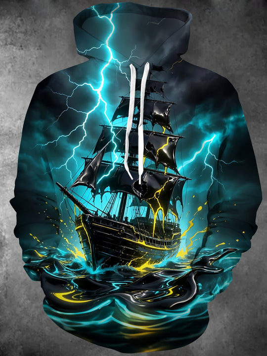 Adaychic Men's Long Sleeve Hoodie - Ghost Ship With Lightning And Stormy Waves Print