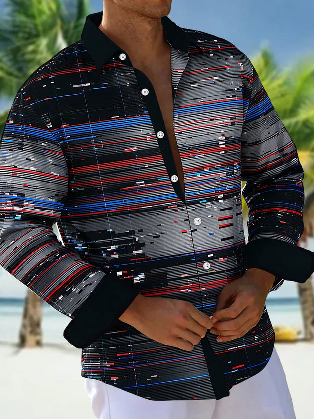 Adaychic Men's Striped Abstract Digital Glitch Lines Print Long Sleeve Shirt with Chest Pocket