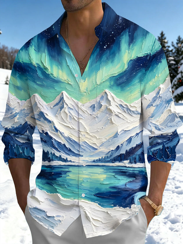 Adaychic Men's Aurora Borealis And Snowy Mountains Print Long Sleeve Shirt with Chest Pocket