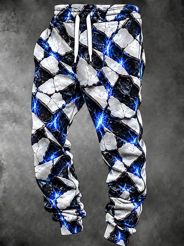 Adaychic Men's Patterned Cracked Stone With Blue Lightning Print Pants