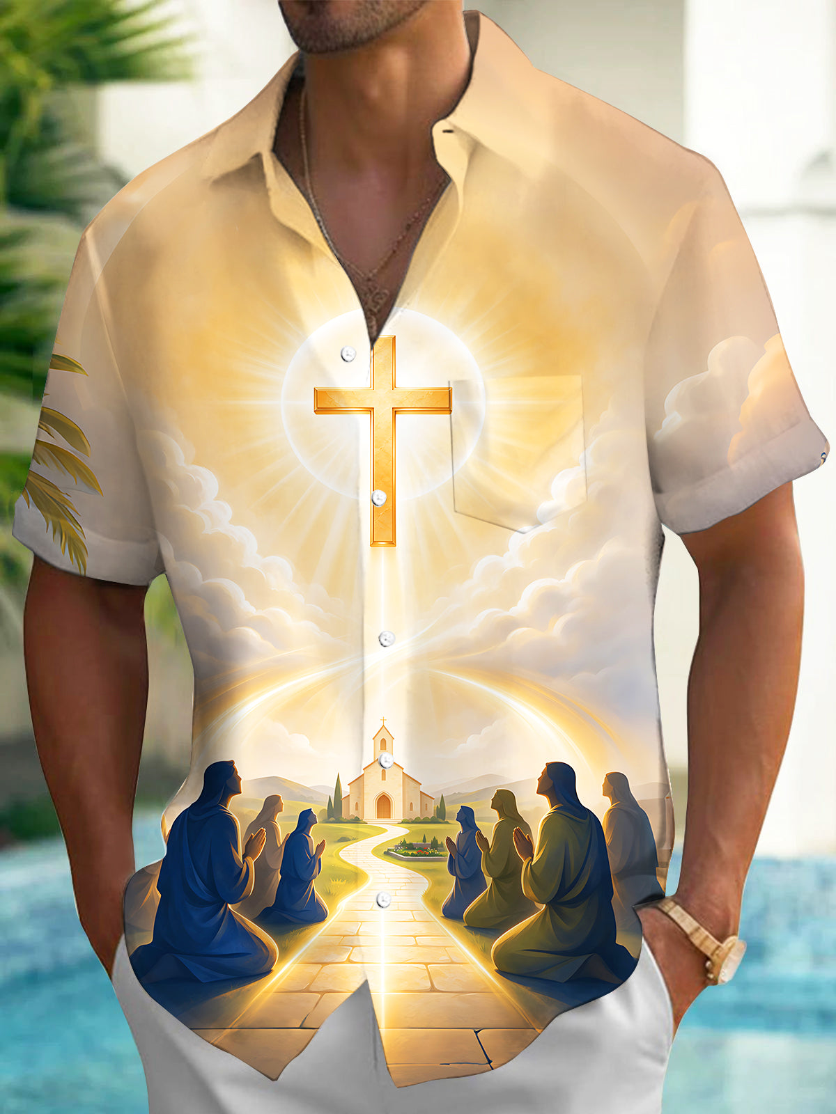 Adaychic Men's Golden Cross And Praying Figures Print Short Sleeve Shirt with Chest Pocket