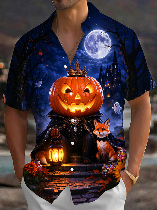 Adaychic Men's Graphic Halloween Pumpkin King And Fox Print Short Sleeve Shirt with Chest Pocket