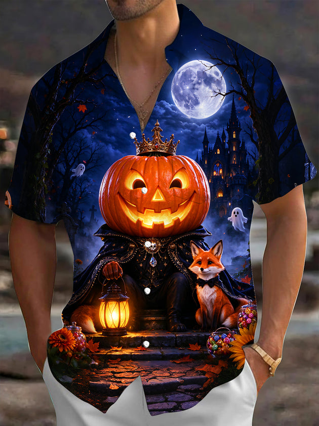 Adaychic Men's Graphic Halloween Pumpkin King And Fox Print Short Sleeve Shirt with Chest Pocket