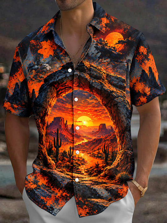 Adaychic Men's Desert Sunset Rock Archway With Cacti Print Short Sleeve Shirt with Chest Pocket