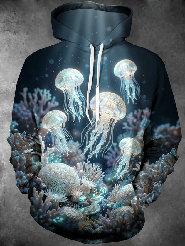 Adaychic Men's Graphic Jellyfish And Coral Reef Print Long Sleeve Hoodie