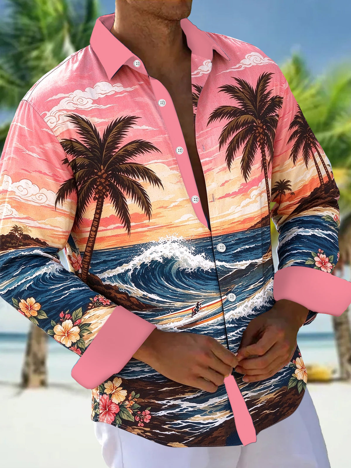 Adaychic Men's Palm Trees And Ocean Waves Print Long Sleeve Shirt with Chest Pocket