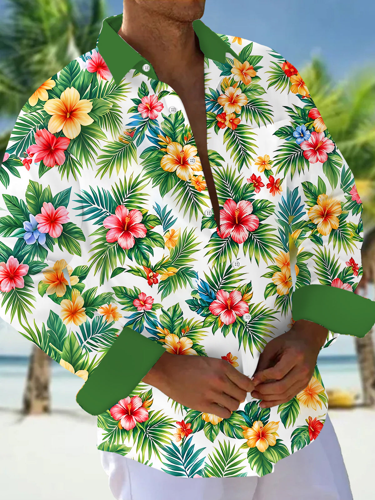 Adaychic Men's Long Sleeve Shirt - Tropical Hibiscus Flowers And Palm Leaves Print with Chest Pocket