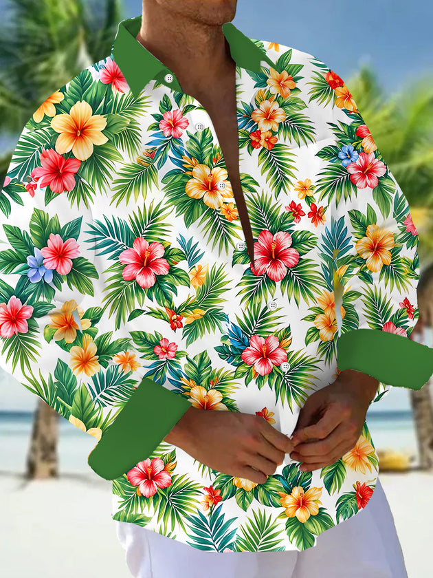 Adaychic Men's Long Sleeve Shirt - Tropical Hibiscus Flowers And Palm Leaves Print with Chest Pocket