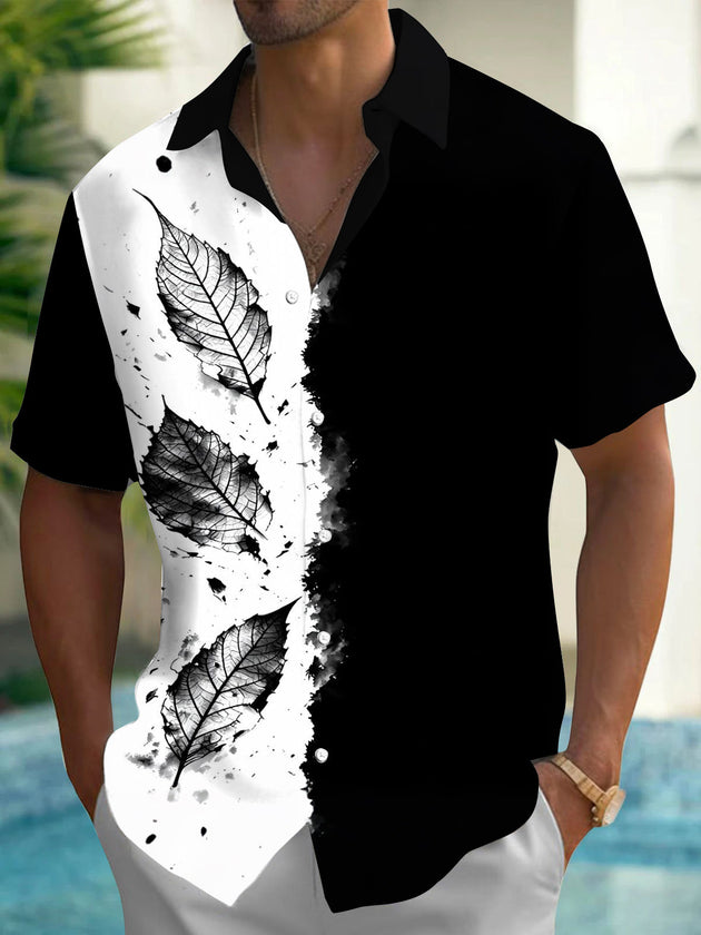 Adaychic Men's Printed Black Leaf Skeleton Print Short Sleeve Shirt with Chest Pocket