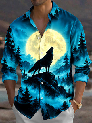 Adaychic Men's Printed Howling Wolf And Full Moon Print Long Sleeve Shirt with Chest Pocket