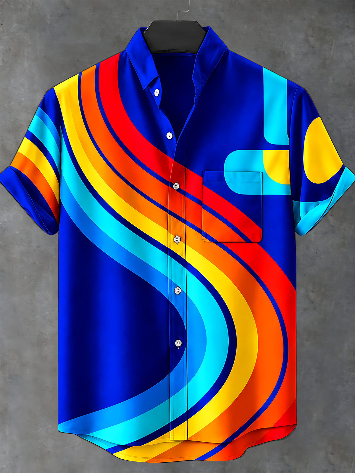 Adaychic Men's Short Sleeve Stand Collar Shirt - Neon Geometric Curved Lines And Circles Print with Chest Pocket