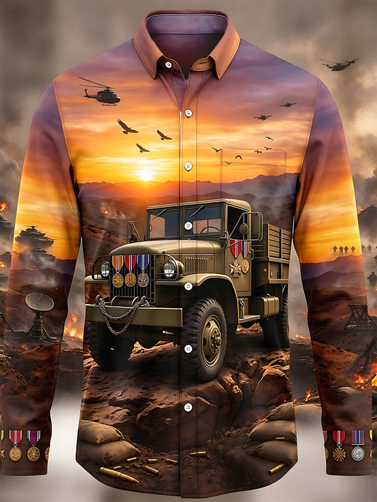 Adaychic Men's Military Truck And Battlefield Sunset Print Long Sleeve Shirt with Chest Pocket