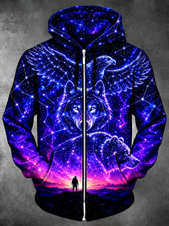 Adaychic Men's Starry Sky Wolf Eagle Bear Print Long Sleeve Zip-Up Hoodie
