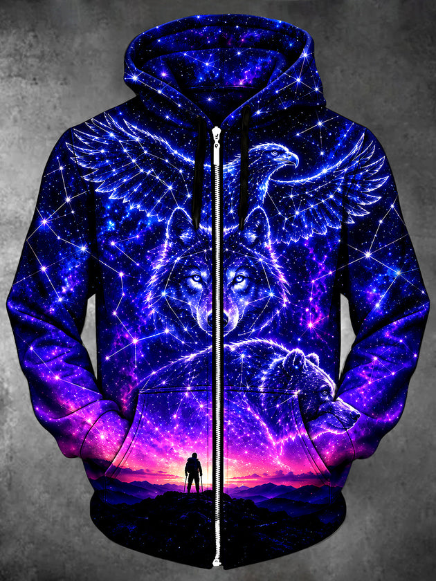Adaychic Men's Starry Sky Wolf Eagle Bear Print Long Sleeve Zip-Up Hoodie