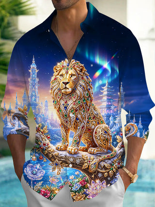 Adaychic Men's Long Sleeve Shirt - Winter Snow And Christmas Ornaments Print Gem Inlaid Lion Print with Chest Pocket