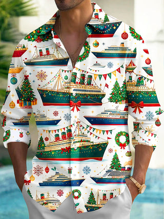Adaychic Men's Long Sleeve Shirt - Christmas Cruise Ships And Holiday Ornaments Print with Chest Pocket